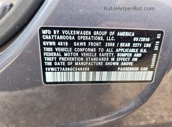1VWCT7A36GC046458 2016 VOLKSWAGEN PASSAT Gray Вид наклейки з VIN-кодом