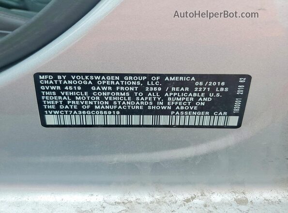 1VWCT7A36GC055919 2016 VOLKSWAGEN PASSAT Серебряный Вид подкапотного пространства