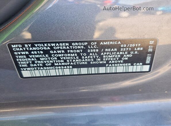 1VWDT7A30HC063438 2017 VOLKSWAGEN PASSAT Gray Вид підкапотного простору
