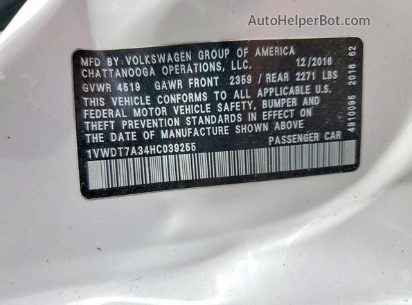 1VWDT7A34HC039255 2017 VOLKSWAGEN PASSAT White Շարժիչի բաժամունքի տեսք