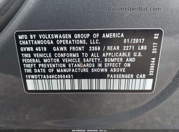 1VWDT7A34HC050451 2017 VOLKSWAGEN PASSAT Gray Vista del compartimento del motor