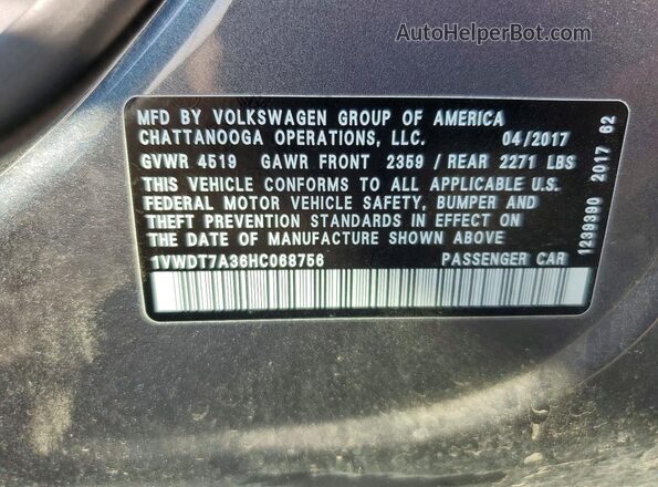 1VWDT7A36HC068756 2017 VOLKSWAGEN PASSAT Gray Vista del compartimento del motor