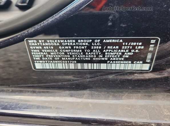 1VWDT7A38HC031725 2017 VOLKSWAGEN PASSAT Black Շարժիչի բաժամունքի տեսք