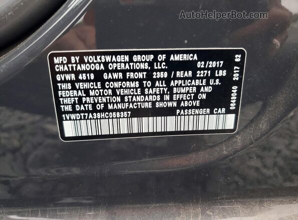 1VWDT7A38HC058357 2017 VOLKSWAGEN PASSAT Серый Вид подкапотного пространства