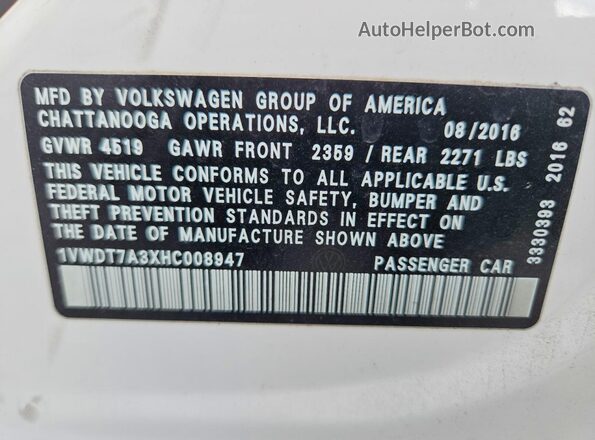 1VWDT7A3XHC008947 2017 VOLKSWAGEN PASSAT White Вид підкапотного простору