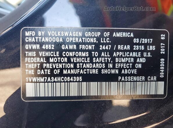 1VWHM7A34HC064395 2017 VOLKSWAGEN PASSAT Black Widok naklejki z numerem VIN