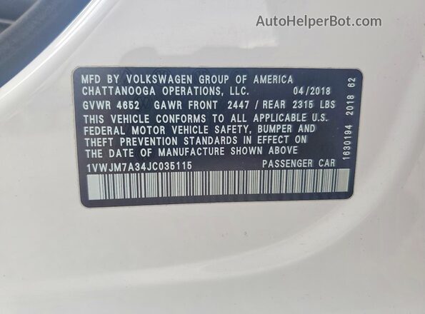 1VWJM7A34JC035115 2018 VOLKSWAGEN PASSAT White ძრავის განყოფილების ხედი