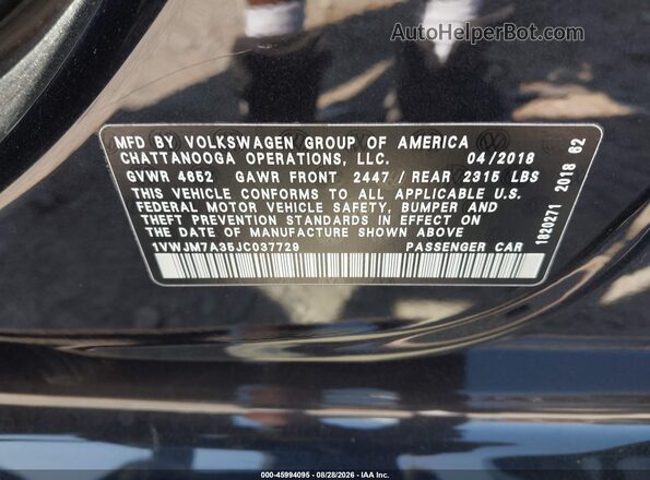1VWJM7A35JC037729 2018 VOLKSWAGEN PASSAT Черный Вид подкапотного пространства