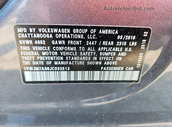 1VWJM7A36JC033513 2018 VOLKSWAGEN PASSAT Black VIN կոդի պիտակի տեսք