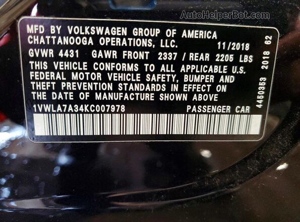 1VWLA7A34KC007978 2019 VOLKSWAGEN PASSAT Blue Вид наклейки з VIN-кодом