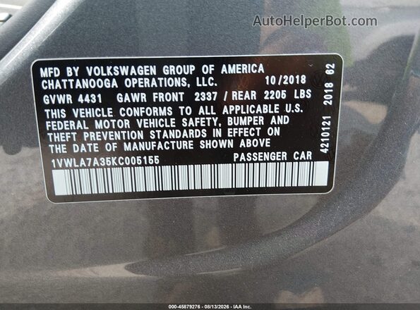 1VWLA7A35KC005155 2019 VOLKSWAGEN PASSAT Gray Vista del compartimento del motor