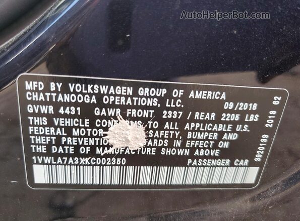 1VWLA7A3XKC002350 2019 VOLKSWAGEN PASSAT Black Widok naklejki z numerem VIN