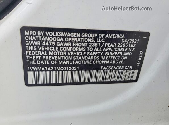 1VWMA7A31MC012031 2021 VOLKSWAGEN PASSAT Белый Вид наклейки с VIN-кодом