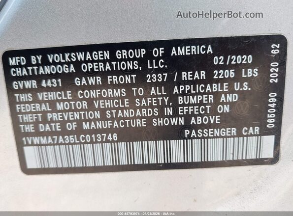 1VWMA7A35LC013746 2020 VOLKSWAGEN PASSAT Gray Vista del compartimento del motor