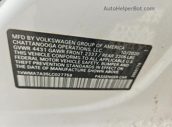 1VWMA7A35LC027758 2020 VOLKSWAGEN PASSAT White Vista de la etiqueta del VIN