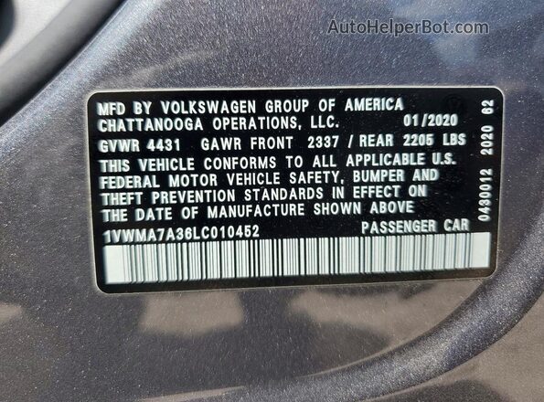 1VWMA7A36LC010452 2020 VOLKSWAGEN PASSAT Gray Widok naklejki z numerem VIN