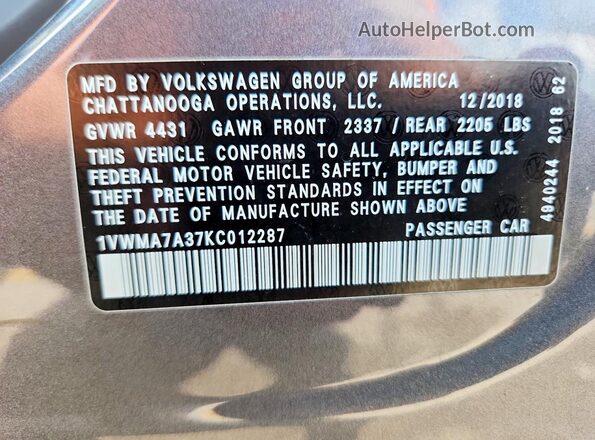 1VWMA7A37KC012287 2019 VOLKSWAGEN PASSAT Gray Вид наклейки з VIN-кодом