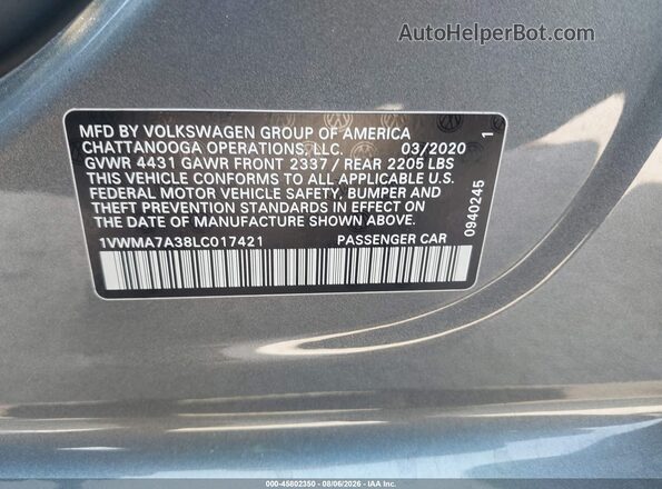 1VWMA7A38LC017421 2020 VOLKSWAGEN PASSAT Gray Вид підкапотного простору