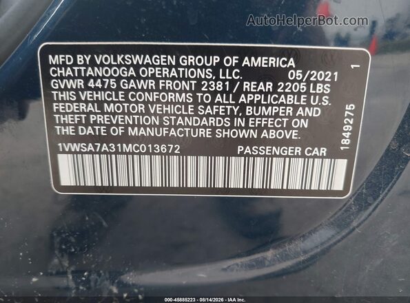 1VWSA7A31MC013672 2021 VOLKSWAGEN PASSAT Blue Շարժիչի բաժամունքի տեսք