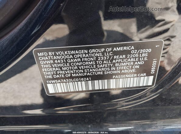 1VWSA7A32LC016241 2020 VOLKSWAGEN PASSAT Black Շարժիչի բաժամունքի տեսք