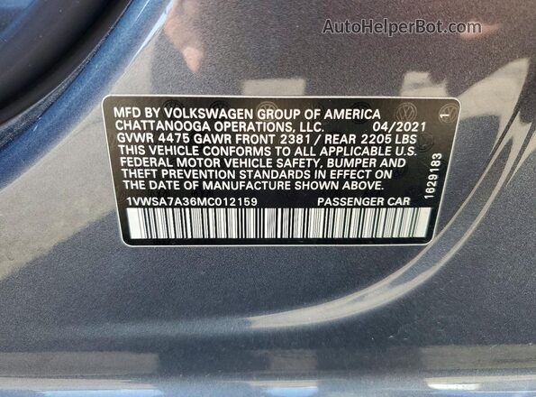 1VWSA7A36MC012159 2021 VOLKSWAGEN PASSAT Gray Շարժիչի բաժամունքի տեսք
