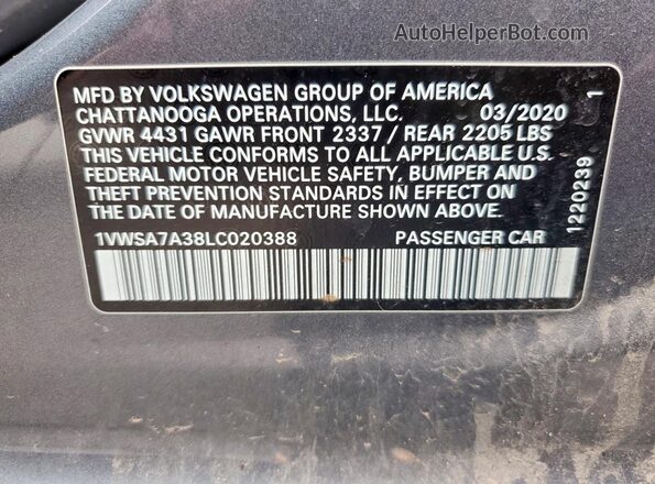 1VWSA7A38LC020388 2020 VOLKSWAGEN PASSAT Gray ძრავის განყოფილების ხედი