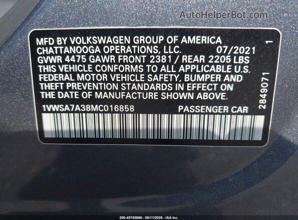 1VWSA7A38MC016858 2021 VOLKSWAGEN PASSAT Gray Widok komory silnika