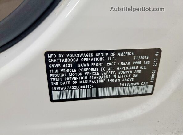 1VWWA7A32LC004804 2020 VOLKSWAGEN PASSAT Белый Вид подкапотного пространства