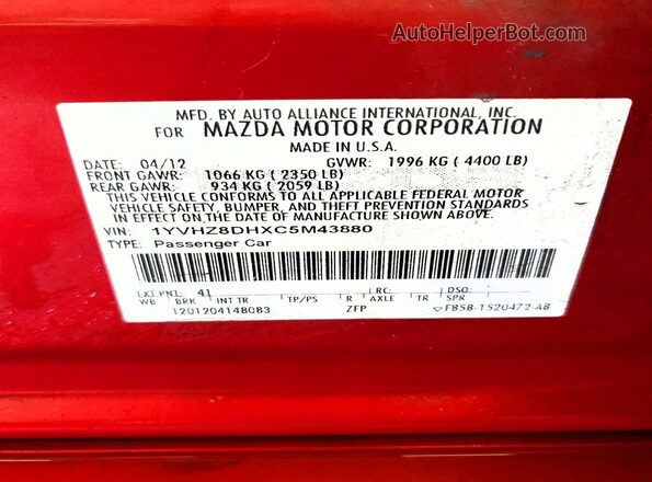 1YVHZ8DHXC5M43880 2012 MAZDA 6 Red Вид наклейки з VIN-кодом