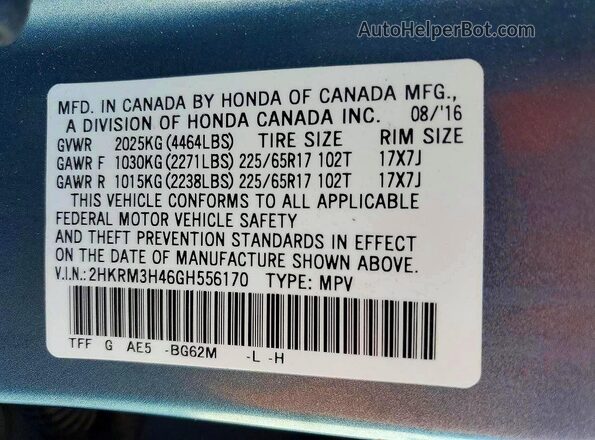 2HKRM3H46GH556170 2016 HONDA CR-V Blue Панорамний вид салону 360°