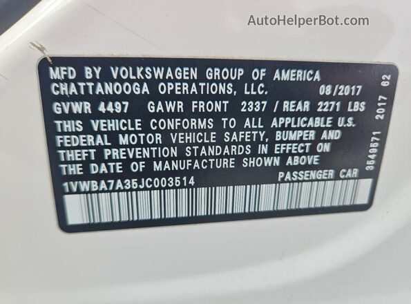 1VWBA7A35JC003514 2018 VOLKSWAGEN PASSAT White VIN կոդի պիտակի տեսք
