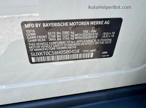 5UXKT0C56H0S80458 2017 BMW X5 White VIN sticker view