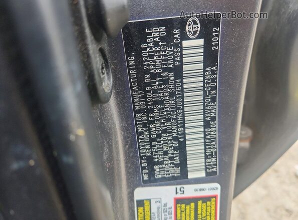 4T1B11HK6JU017604 2018 TOYOTA CAMRY Серый Вид наклейки с VIN-кодом