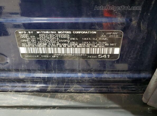 JA4AZ3A38KZ005850 2019 MITSUBISHI OUTLANDER Blue Սալոնի 360 աստիճան տեսք