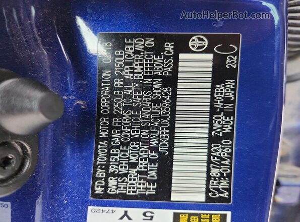 JTDKBRFUXJ3596428 2018 TOYOTA PRIUS Blue VIN sticker view
