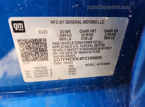 1GTPHCEK4PZ198655 2023 GMC SIERRA Blue Vista de la etiqueta del VIN