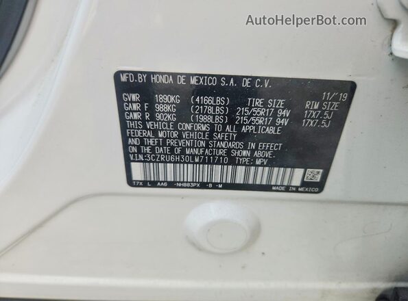 3CZRU6H30LM711710 2020 HONDA HR-V White Панорамний вид салону 360°