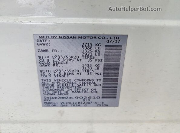 5N1DR2MM2HC902610 2017 NISSAN PATHFINDER Белый Панорамный вид салона 360°