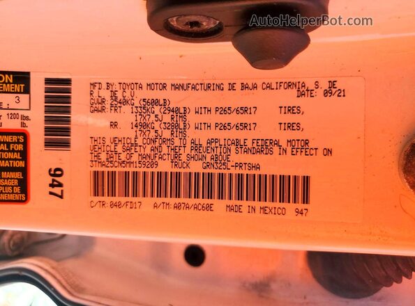 3TMAZ5CN5MM159209 2021 TOYOTA TACOMA Белый Панорамный вид салона 360°