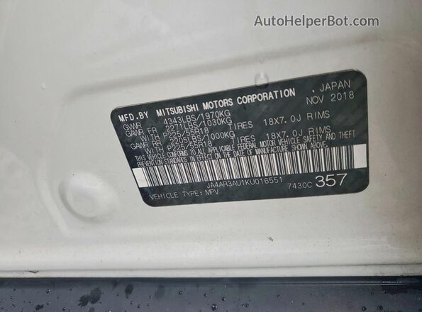 JA4AR3AU1KU016551 2019 MITSUBISHI OUTLANDER Белый Панорамный вид салона 360°