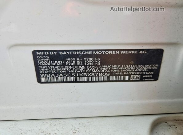 WBAJA5C51KBX87809 2019 BMW 5 SERIES White Вид наклейки з VIN-кодом