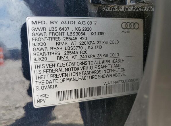 WA1LHAF73JD006816 2018 AUDI Q7 Blue Widok naklejki z numerem VIN