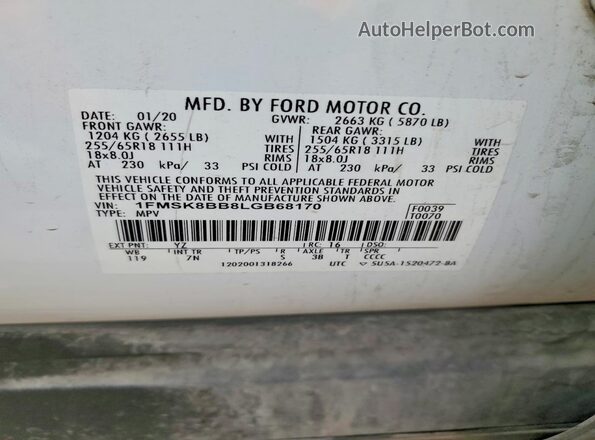 1FMSK8BB8LGB68170 2020 FORD EXPLORER White Widok wnętrza 360 stopni
