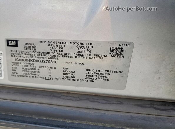 1GNKVHKD0GJ270818 2016 CHEVROLET TRAVERSE Silver Widok naklejki z numerem VIN