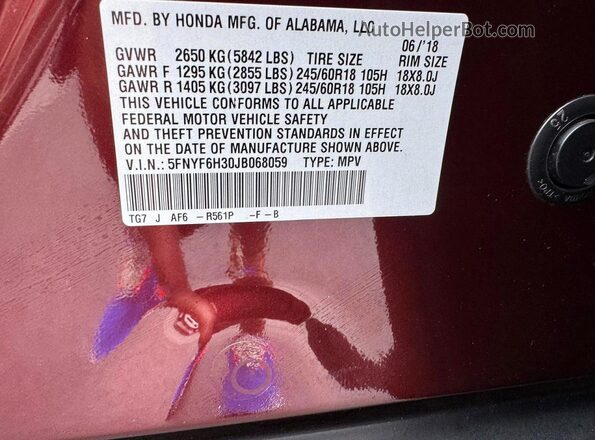 5FNYF6H30JB068059 2018 HONDA PILOT Красный Панорамный вид салона 360°