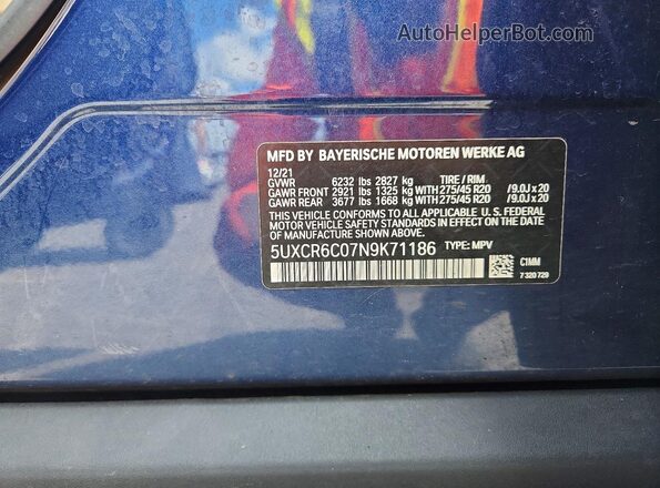 5UXCR6C07N9K71186 2022 BMW X5 Blue 360 interior view