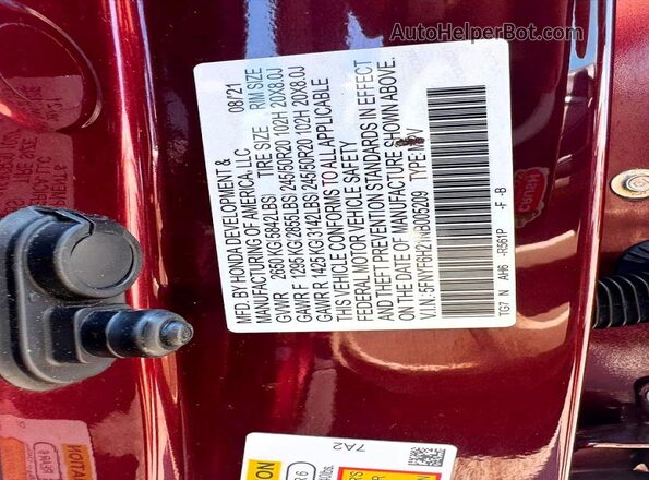 5FNYF6H21NB005209 2022 HONDA PILOT Бордовый Вид задней части салона
