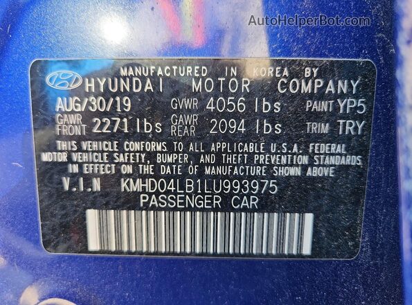 KMHD04LB1LU993975 2020 HYUNDAI ELANTRA Blue Vista de la etiqueta del VIN
