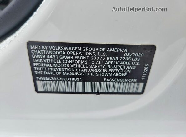 1VWSA7A37LC018891 2020 VOLKSWAGEN PASSAT Белый Вид наклейки с VIN-кодом