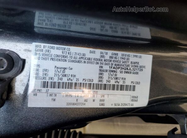 1FADP3H28JL321729 2018 FORD FOCUS Gray VIN კოდის სტიკერის ხედი
